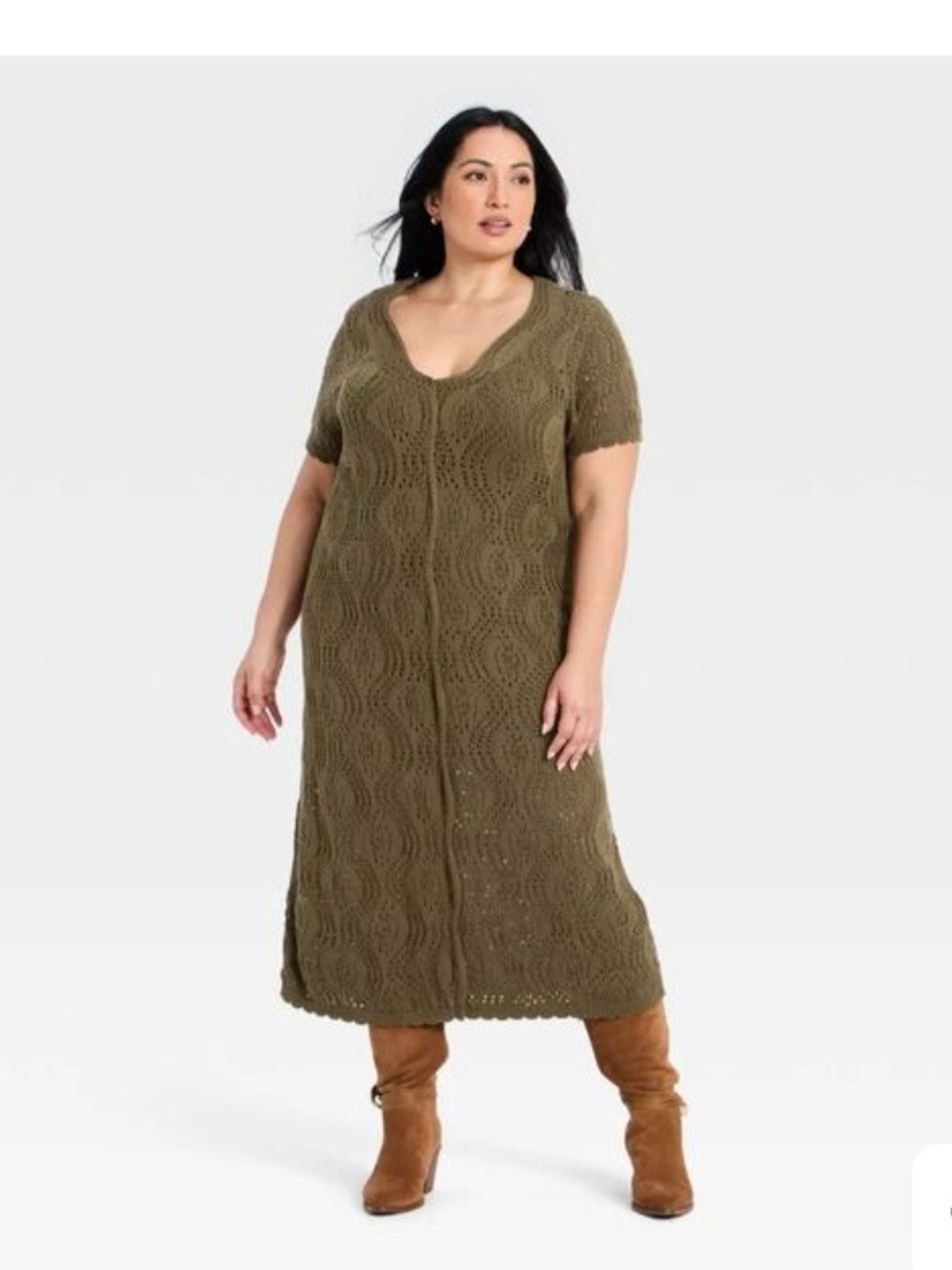 Crochet V-Neck Sweater Dress